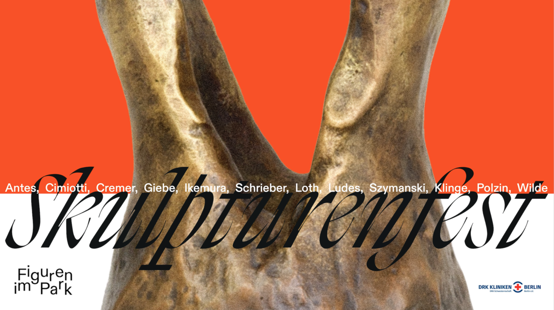 Orangenes Festplakat „Skulpturenfest – Figuren im Park